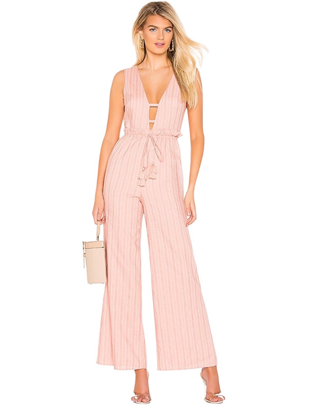 TULAROSA Womens Jumpsuit Wide Leg Ruffle Tassels Boho Summer Feminine Rose Pink